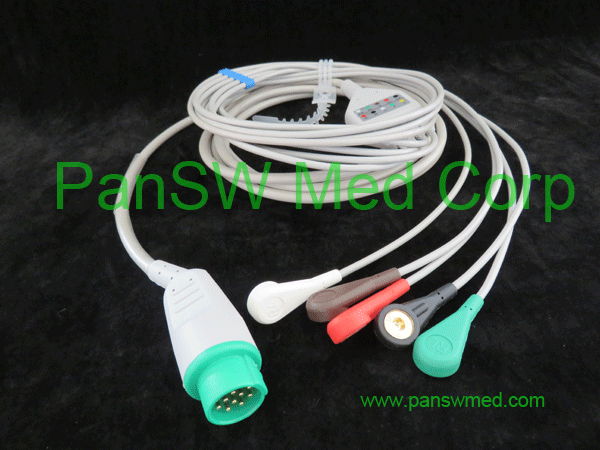 compatible ECG cable for Kontron, AHA color, snap, ECG-10007E