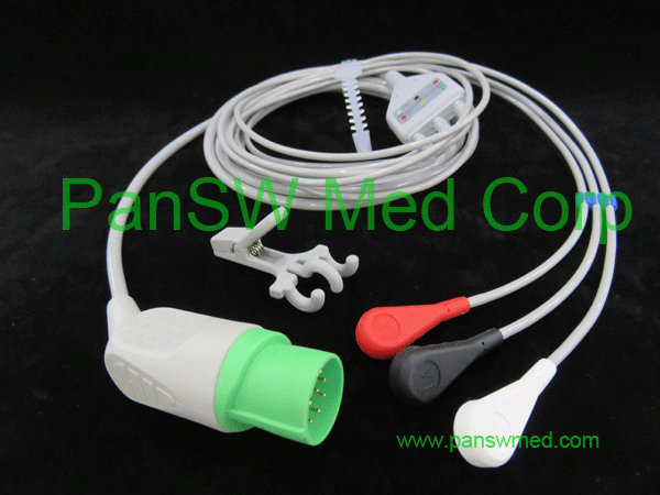 compatible Nihon Kohden ECG cable 3 leads AHA snap