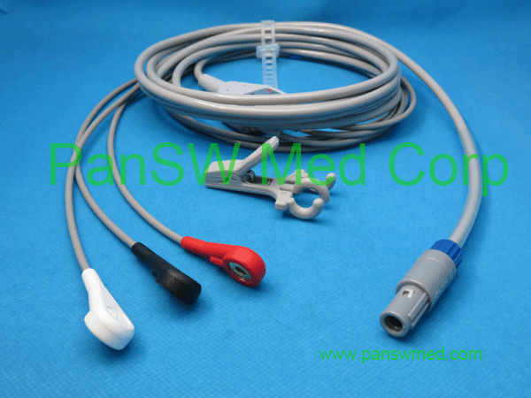 compatible GE VIVID ecg cable, 3 leads, integrated cable, 3 leads, AHA snap