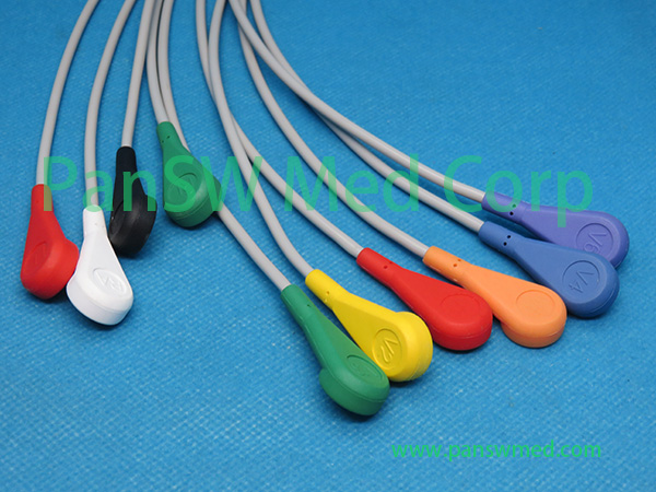 PanSW 10-lead EKG patient cable with medical snap connectors using AHA standard color code