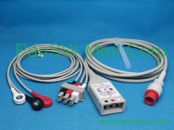 Compatible 3-lead AHA snap ECG trunk lead set for Bionet
