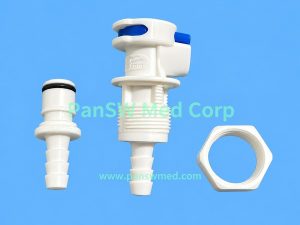 Cleaning quick connector for Olympus gastroscopes with blue release mechanism and retaining nut