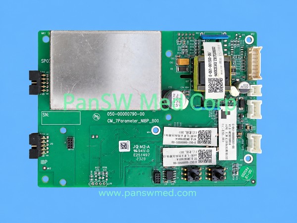 COMEN parameter PCB marked 050-00000790-00 and CM_7Parameter_NIBP_B00 with metal shield, connectors and pressure ports.