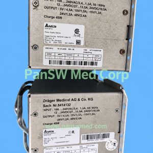 Two Dräger 8414132 power supply modules with Delta D0013012 labels, showing Index 10 and Index 07 versions and electrical nameplate ratings.