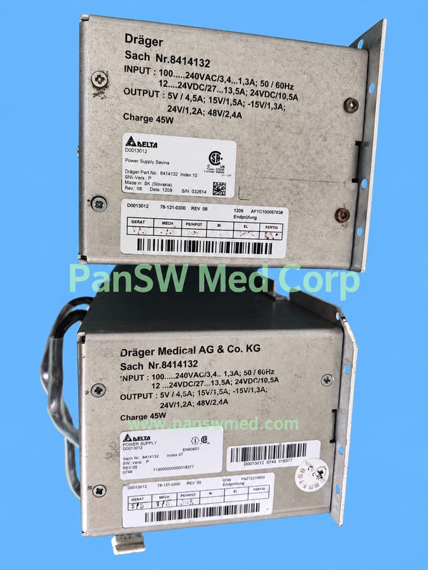 Two Dräger 8414132 power supply modules with Delta D0013012 labels, showing Index 10 and Index 07 versions and electrical nameplate ratings.