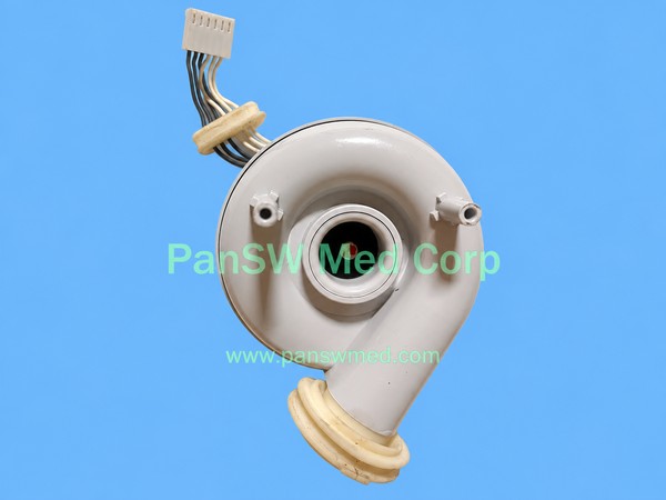 Blower assembly supplied for Fisher & Paykel AIRVO 2, showing molded housing, outlet, sealing components and attached wiring connector.