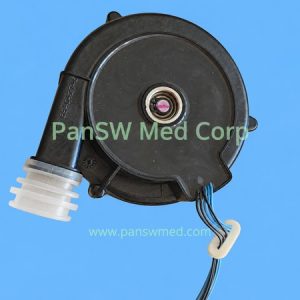 Black turbine blower offered for Fisher & Paykel respiratory equipment, with side air connection, translucent coupling and wiring