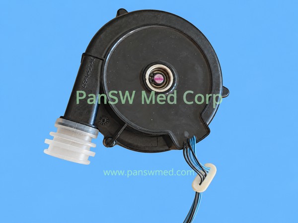 Black turbine blower offered for Fisher & Paykel respiratory equipment, with side air connection, translucent coupling and wiring