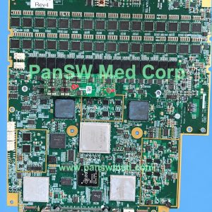 GE circuit board supplied as a CMST mainboard, showing a 14808 Rev4 sticker, mounted daughterboards and a large lower-edge connector.