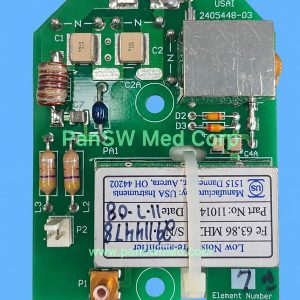 Pre-owned MRI coil preamplifier offered for GE equipment. USA Instruments 11014, Fc 63.86 MHz, board 2405448-03. Confirm coil compatibility.