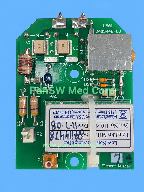 Pre-owned MRI coil preamplifier offered for GE equipment. USA Instruments 11014, Fc 63.86 MHz, board 2405448-03. Confirm coil compatibility.
