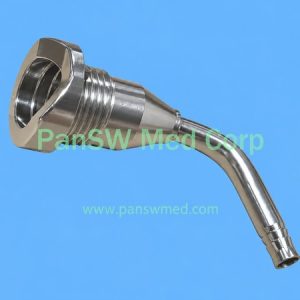 Metal leak test port fitting for Olympus endoscopes with threaded body and curved tube