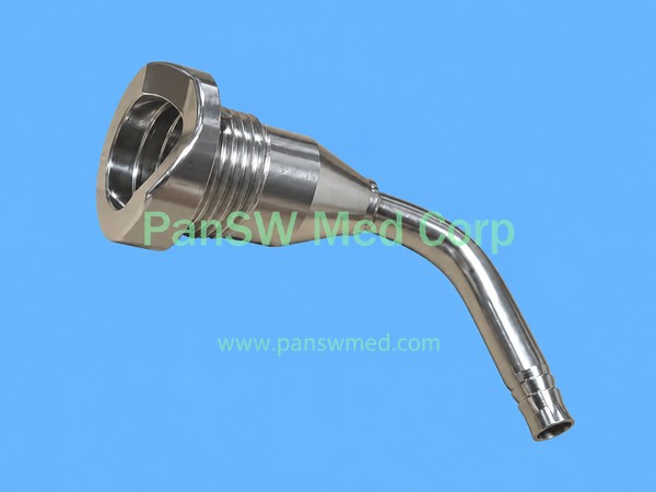 Metal leak test port fitting for Olympus endoscopes with threaded body and curved tube