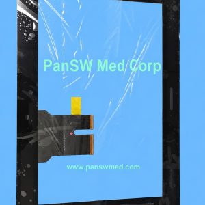 Black-bordered touch panel supplied for Mindray BeneVision N19, with protective covering and attached flexible connection tails.