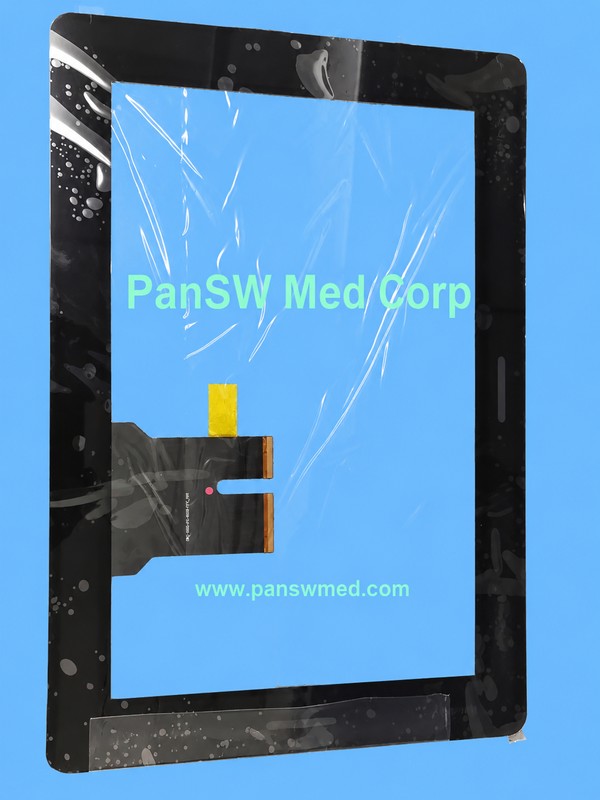 Black-bordered touch panel supplied for Mindray BeneVision N19, with protective covering and attached flexible connection tails.