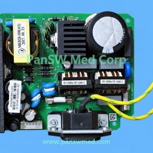 Pre-owned power supply board labeled 051-000838-00 (2.0), supplied for Mindray DP10, DP20 and DP30, with power inlet and protective-earth leads.