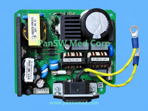 Pre-owned power supply board labeled 051-000838-00 (2.0), supplied for Mindray DP10, DP20 and DP30, with power inlet and protective-earth leads.