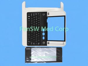 Mindray compact keyboard with alphanumeric and function keys, labeled 043-008651-03 on its metal backplate