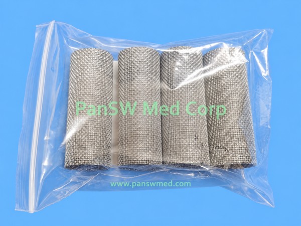 Four stainless steel mesh filter elements with Mindray box labeled 801-BA80-00020-00, 316L and 100 mesh, and inner bag labeled 082-000371-00