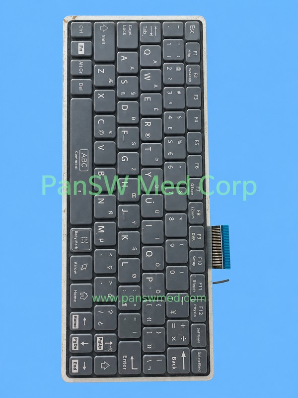 Mindray compact keyboard with alphanumeric and function keys, labeled 043-008651-03 on its metal backplate