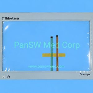 Transparent touch panel with Mortara and Surveyor markings, a light-colored printed border and flexible connection tails, offered as a new 12-inch replacement.