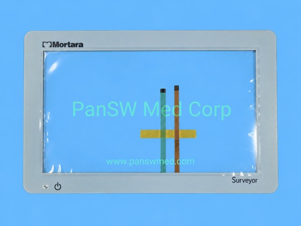 Transparent touch panel with Mortara and Surveyor markings, a light-colored printed border and flexible connection tails, offered as a new 12-inch replacement.
