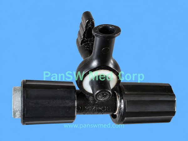 Olympus MAJ-918 black irrigation three-way connector with ribbed end fittings
