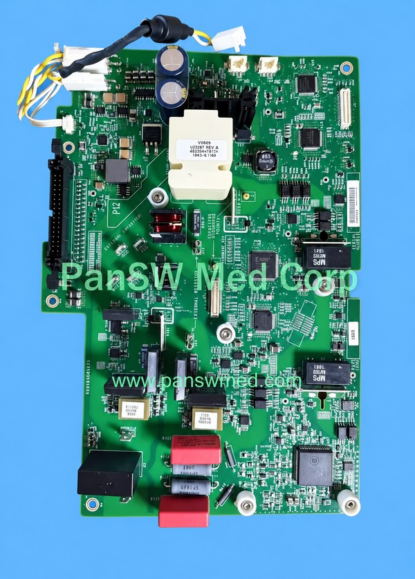 Pre-owned Philips XL+ defibrillation circuit board with connectors, capacitors, transformers and attached wiring