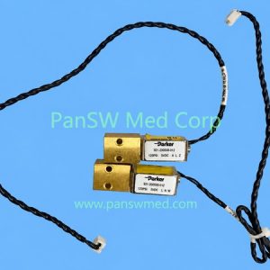 Two Parker 921-200500-012 valves with brass bodies and connection cables, labeled 5VDC and 120PSI
