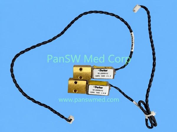 Two Parker 921-200500-012 valves with brass bodies and connection cables, labeled 5VDC and 120PSI