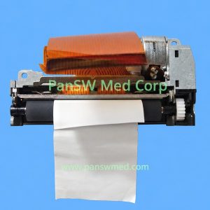 Thermal printer mechanism offered for Mindray equipment, showing motor, platen roller, drive gear, flexible cable and a paper strip
