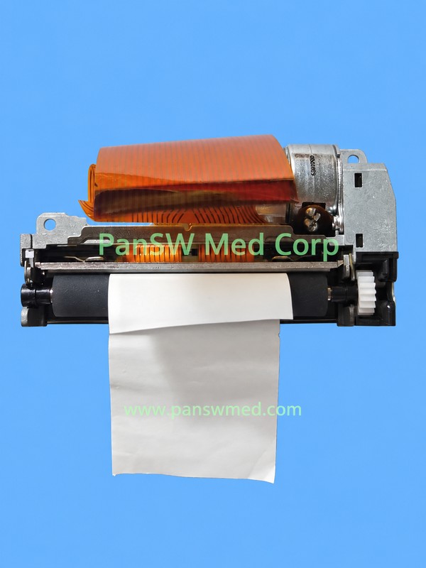 Thermal printer mechanism offered for Mindray equipment, showing motor, platen roller, drive gear, flexible cable and a paper strip